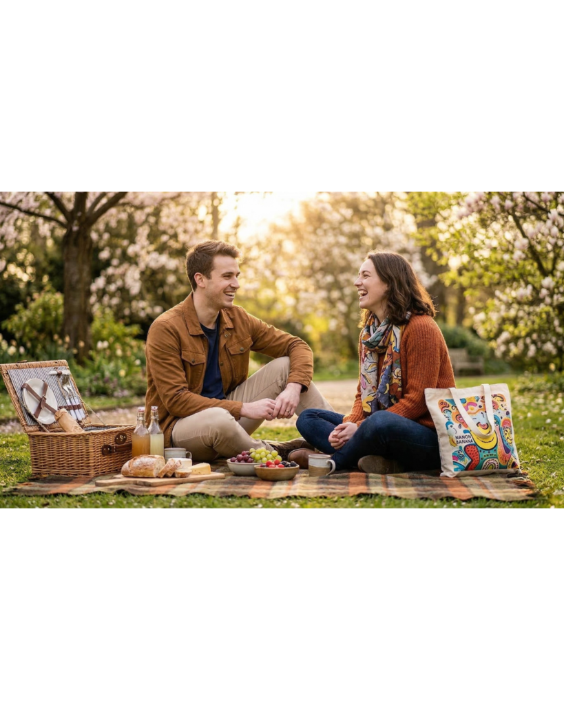 Picknick Date im Park mit Decke und Snacks im Frühling