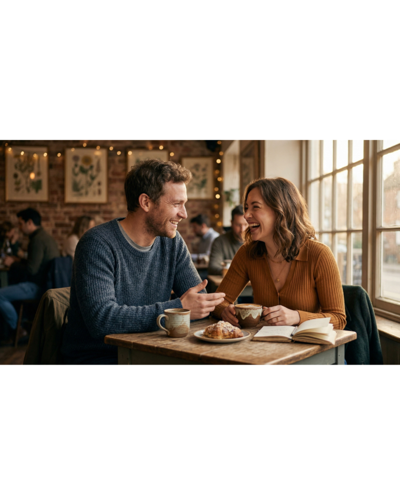Zwei Menschen lachen entspannt bei einem ersten Date im Café