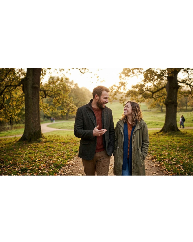 Paar beim Spaziergang im Park während eines entspannten Dates