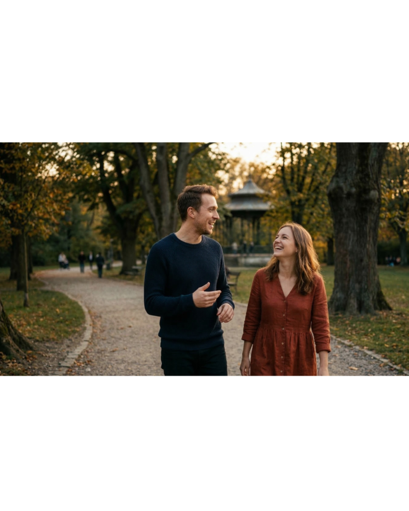 Paar beim ersten Date bei einem Spaziergang im Park