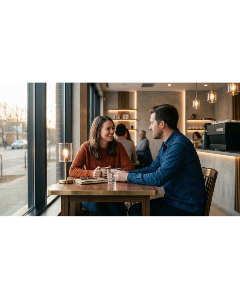 Paar sitzt entspannt zusammen im Café und führt ein tiefes Gespräch über Beziehung und Zukunft Image title: Beziehung beginnt mit ehrlichem Gespräch