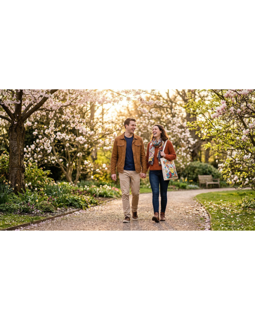 Paar beim entspannten Spaziergang im Frühling beim ersten Date