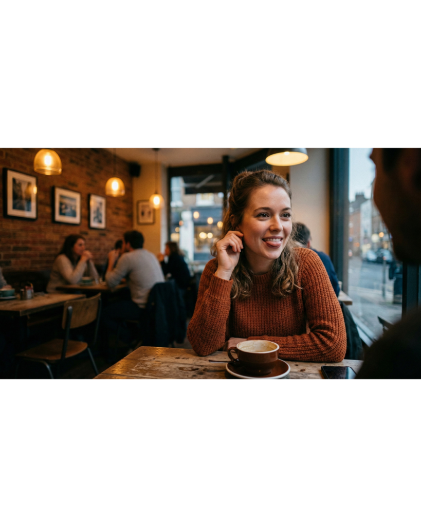 Frau lächelt bei einem entspannten ersten Date in einem gemütlichen Café.