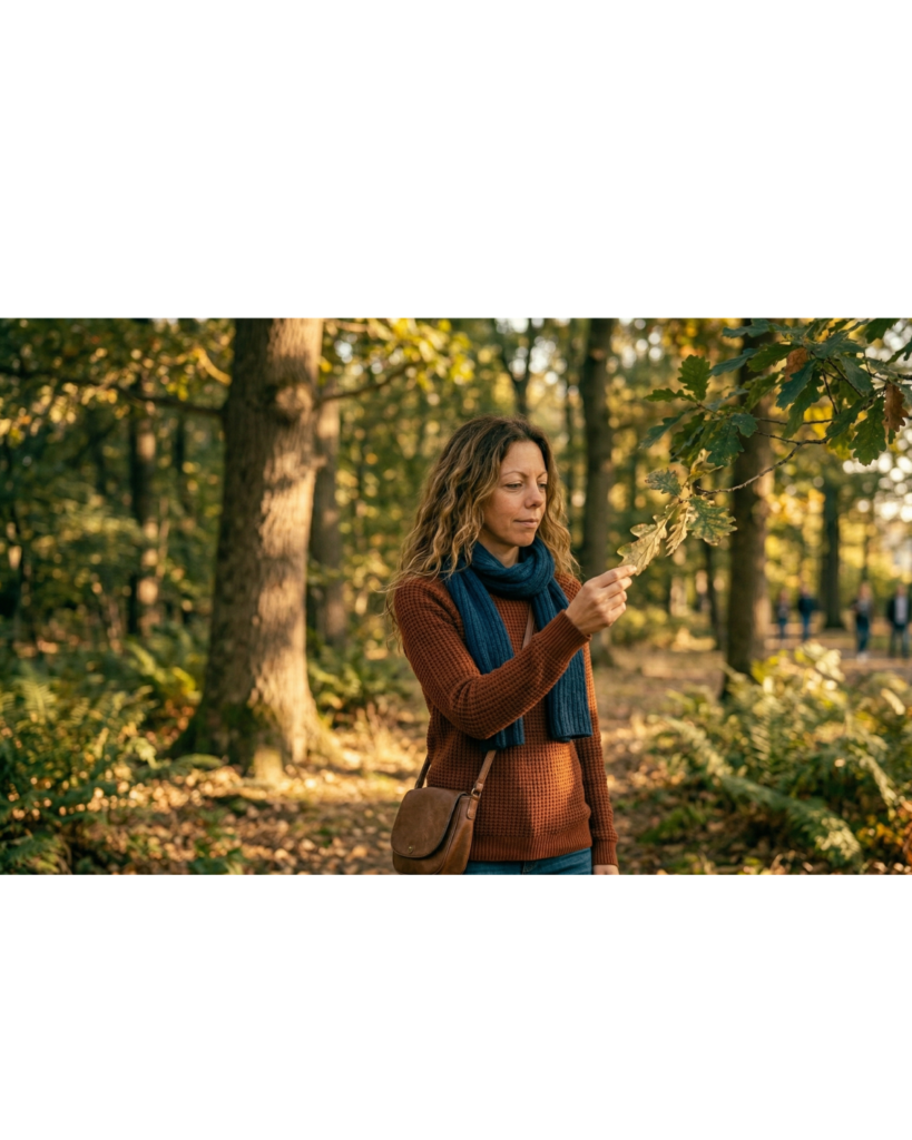 Person berührt ein Blatt an einem Baum im Wald und wirkt ruhig