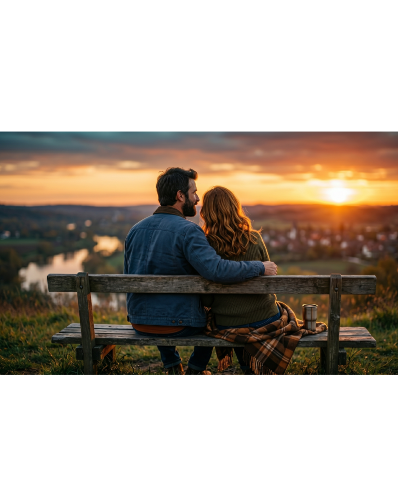 Paar schaut gemeinsam ruhig in den Sonnenuntergang