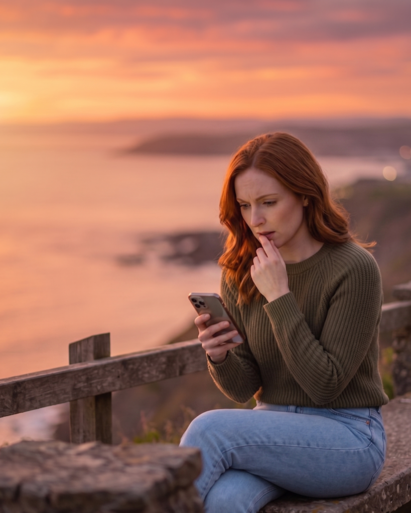 Person schaut nachdenklich auf ihr Handy