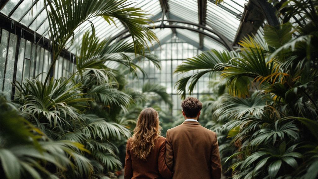 Paar im Gewaechshaus eines botanischen Gartens in Berlin