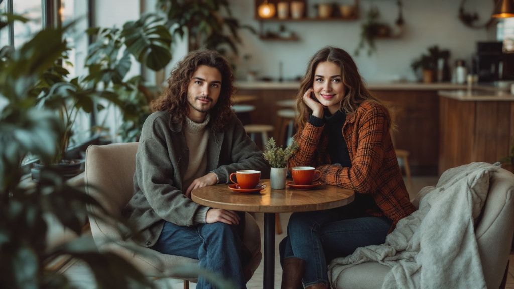 Zwei Menschen bei einem Kaffee-Date in einem hellen Cafe