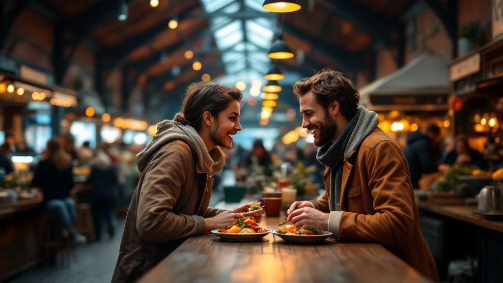 Paar isst gemeinsam in einer Berliner Markthalle