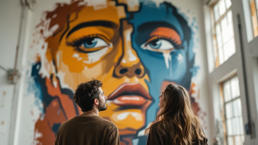 Paar betrachtet Street Art in einer Berliner Ausstellung