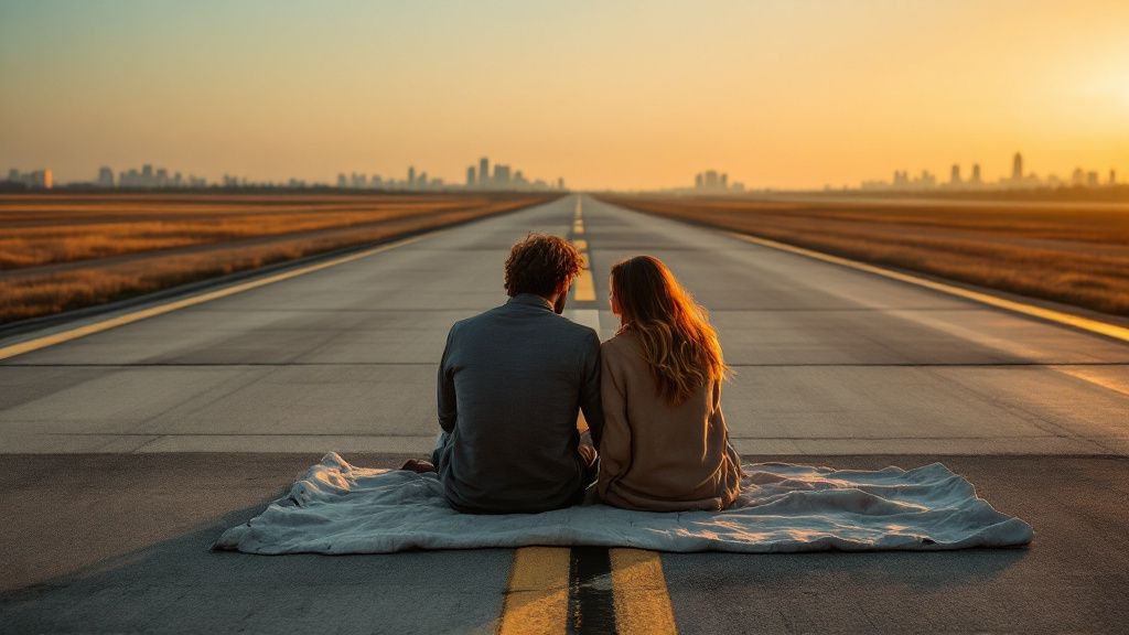 Paar auf dem Tempelhofer Feld in Berlin bei Sonnenuntergang