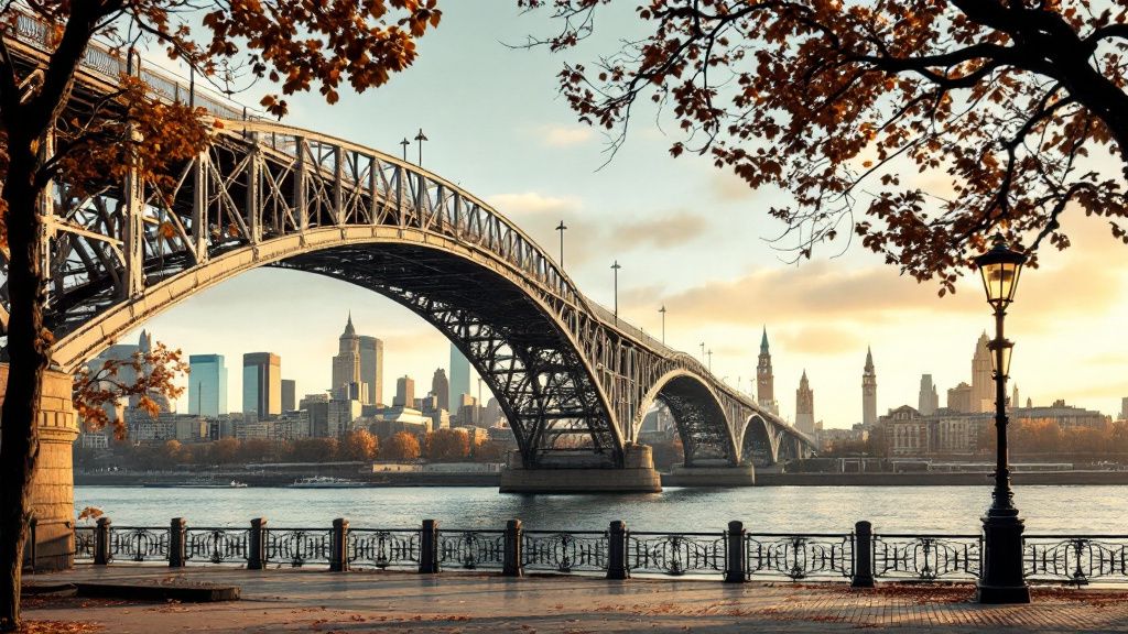 Eiserne Fußgängerbrücke über den Main mit Blick auf die Skyline