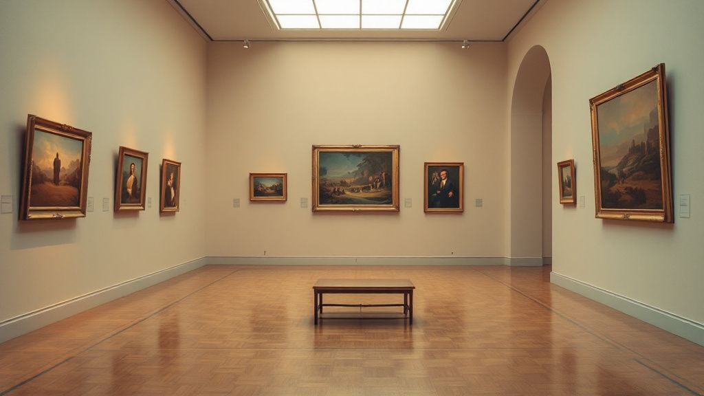 Ruhiger Museumssaal mit Gemälden und einer Sitzbank
