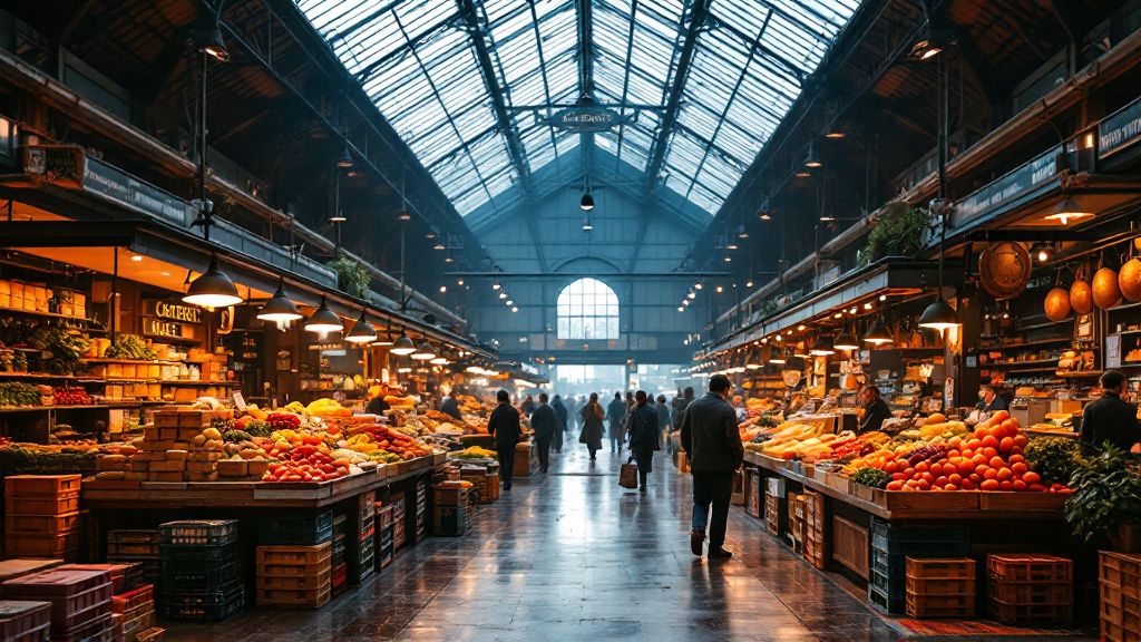 Markthalle mit Gemüsekisten und Ständen unter Stahldach