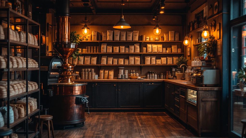 Kleine Kaffeerösterei mit kupferner Röstmaschine und Stehtresen