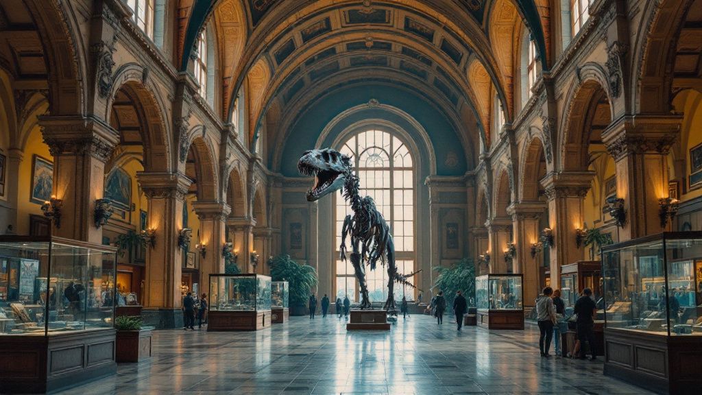 Museumshalle mit Dinosaurierskelett und hohen Bogenfenstern