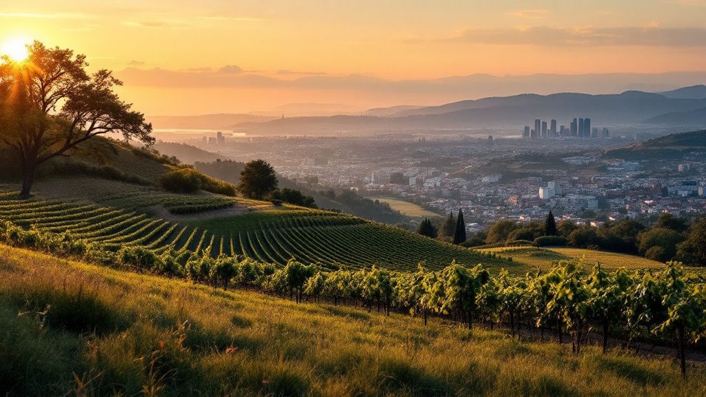 Weinberg am Hang mit Blick über die Stadt am Abend