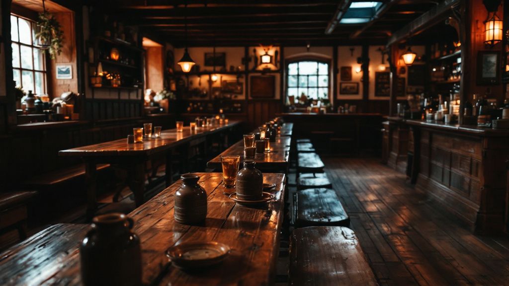 Traditionelle Apfelweinwirtschaft mit langen Holzbänken