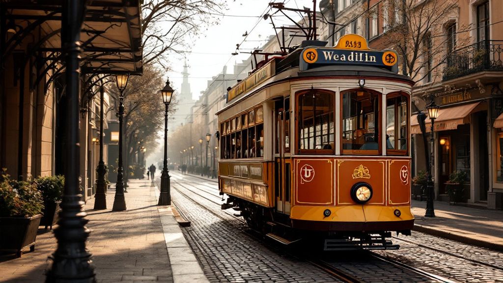 Historische Straßenbahn an einer Haltestelle in der Stadt