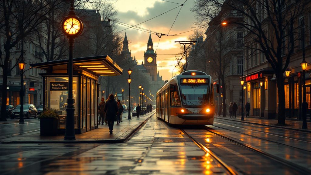 Haltestelle mit Uhr am frühen Abend in der Innenstadt