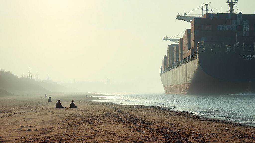 Elbstrand mit vorbeifahrendem Containerschiff