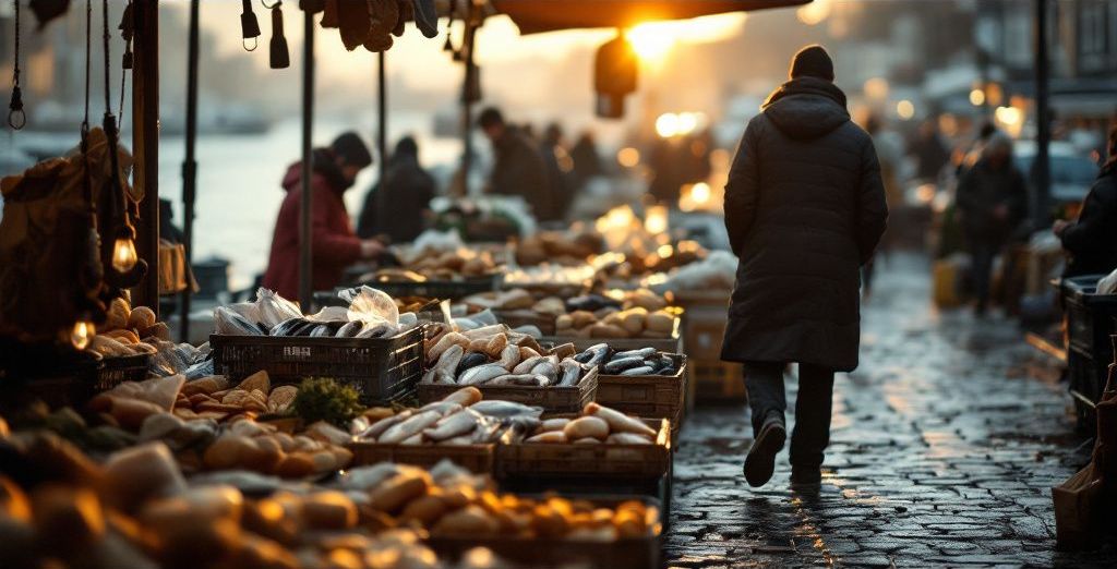 Fischmarkt am Hamburger Elbufer am frueben Sonntagmorgen