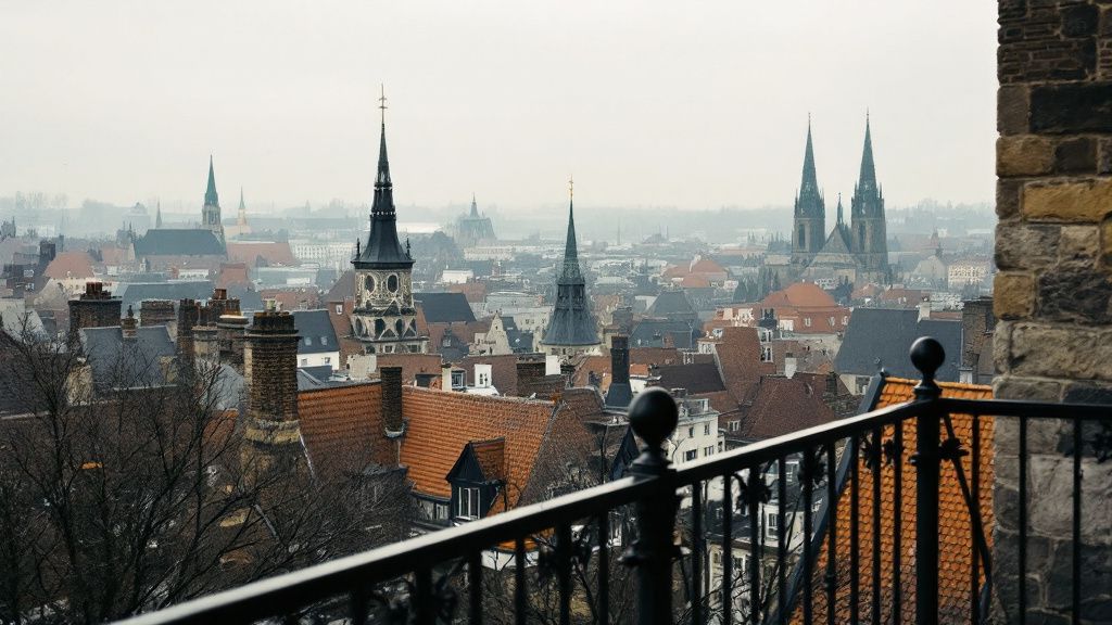 Blick von einem Kirchturm ueber die Stadt