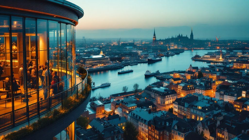 Aussicht ueber Hafen und Stadt von einer Aussichtsplattform