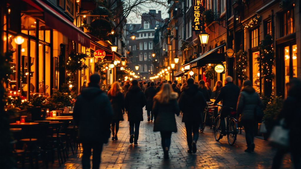 Belebte Strasse in einem Hamburger Stadtviertel am Abend