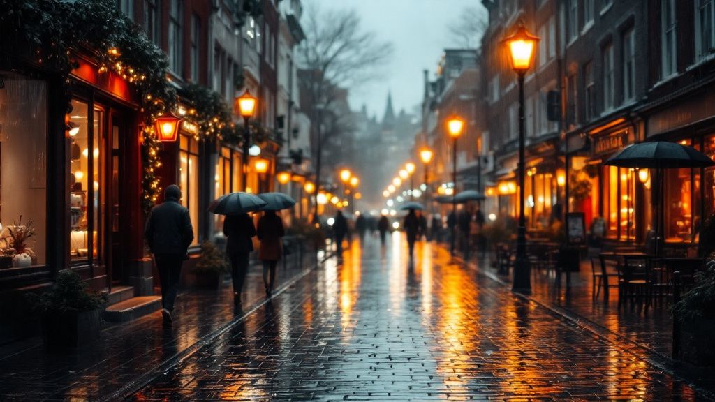 Regennasse Strasse mit Spiegelungen in Hamburg