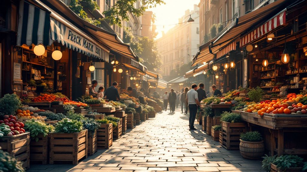 Marktstände mit Gemüse und Blumen am Vormittag