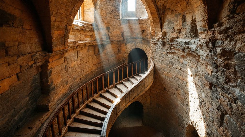 Enge Holztreppe im Inneren eines alten Kirchturms