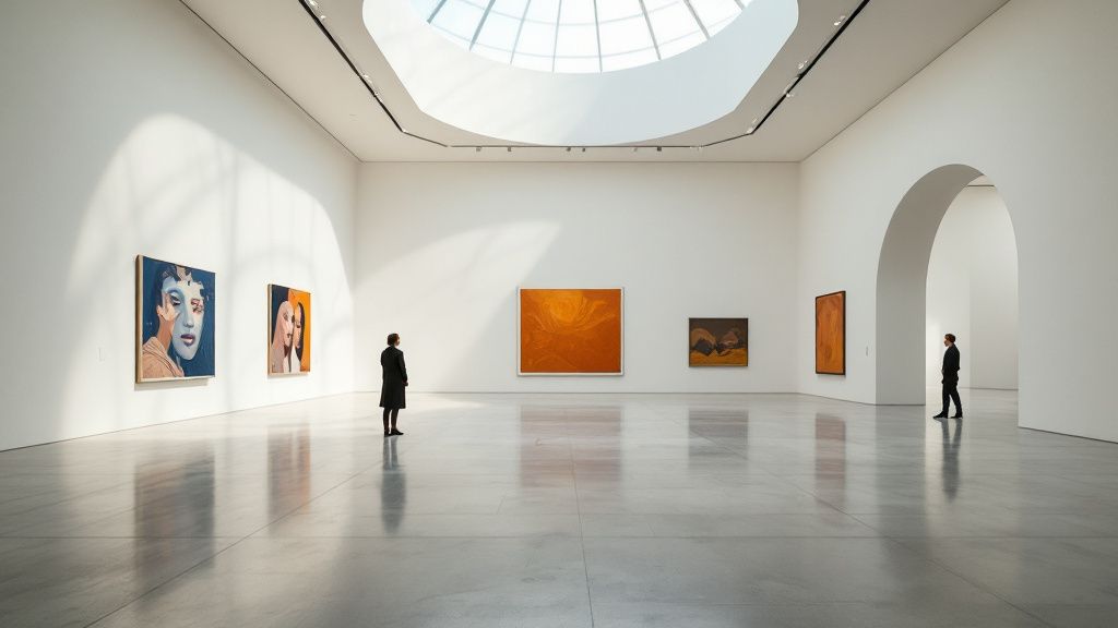 Heller Museumsraum mit weißen Wänden und Oberlicht