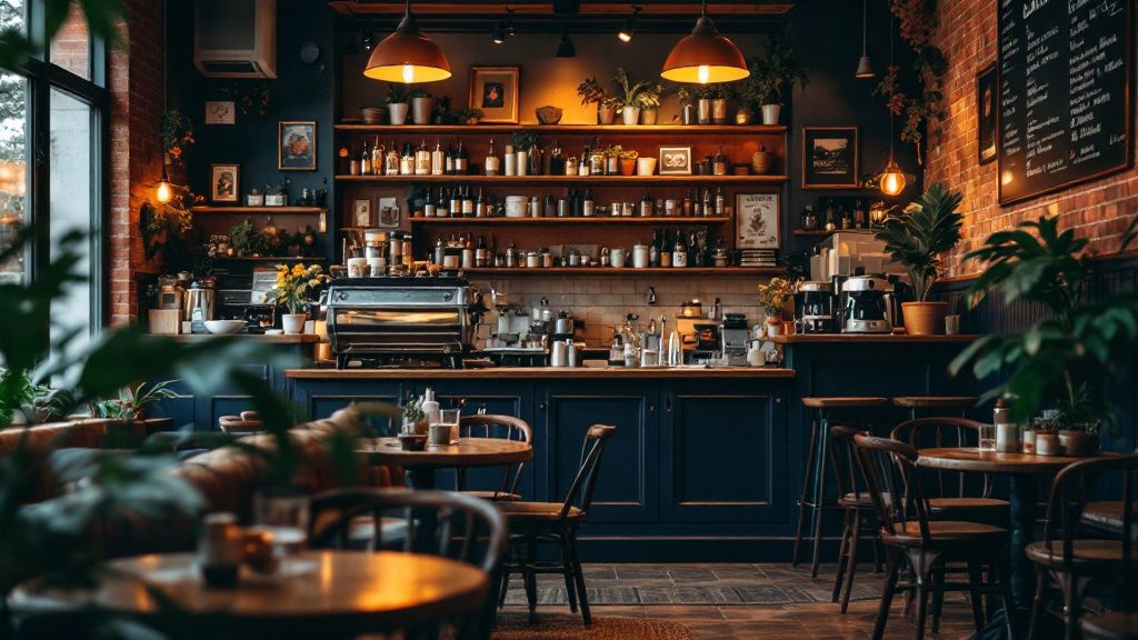Gemütliche Kaffeebar mit Holztheke und warmem Licht