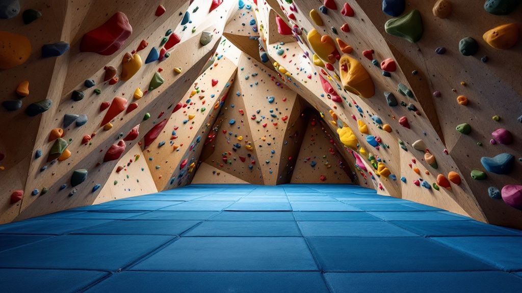 Boulderhalle mit bunten Griffen und dicken Matten