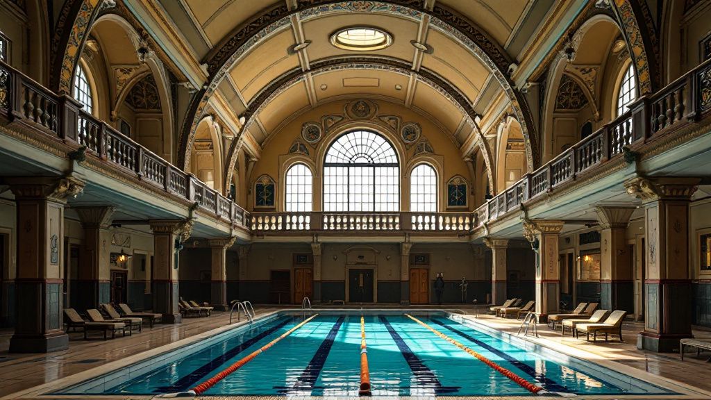 Jugendstil Schwimmhalle mit Bogendecke und Ornamenten