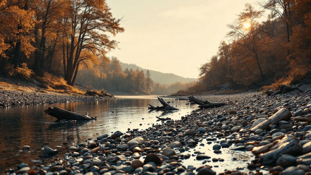 Kiesbank an einem Fluss mit Treibholz im Abendlicht