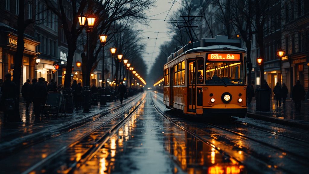 Regennasse Straße mit Spiegelungen an einer Tramhaltestelle