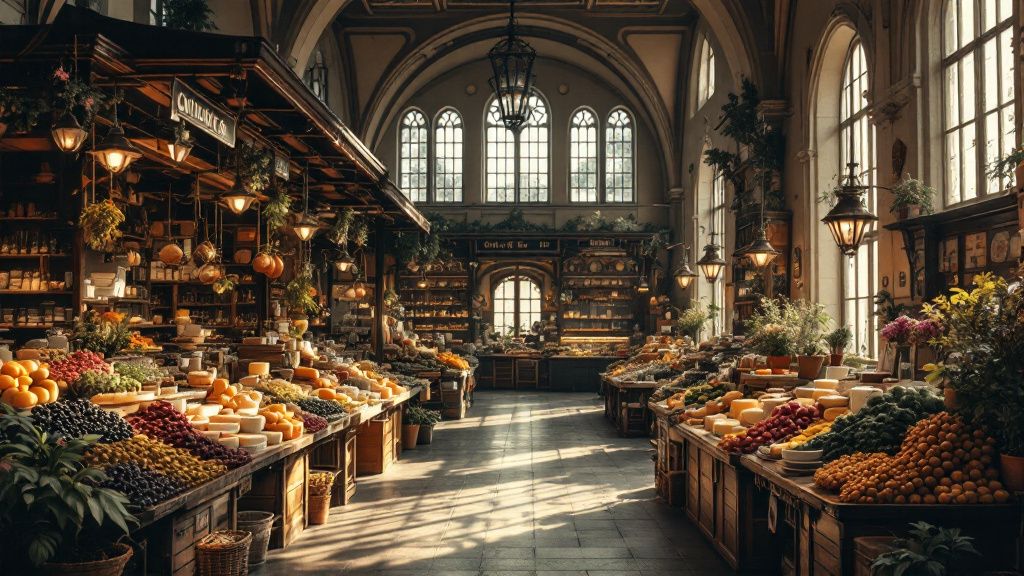 Innenraum einer historischen Markthalle mit Ständen und hohen Fenstern