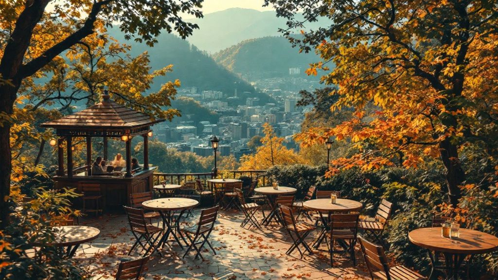 Terrasse eines kleinen Cafés am Hang über der Stadt