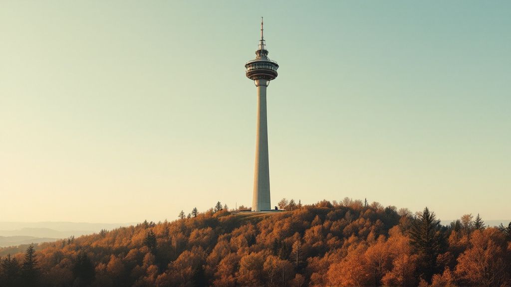 Schlanker Fernsehturm mit runder Aussichtsplattform über einem bewaldeten Hügel
