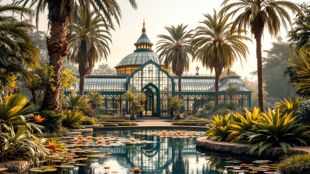 Historisches Gewächshaus mit Palmen und Seerosenteich in einem botanischen Garten