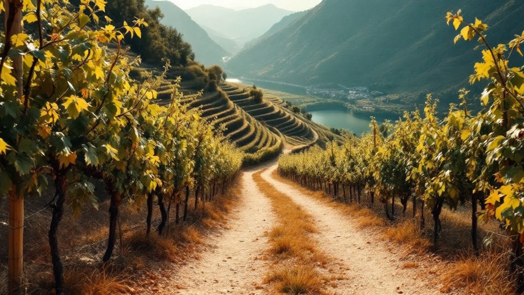 Schmaler Weg durch Weinberge oberhalb eines Flusses und eines Sees