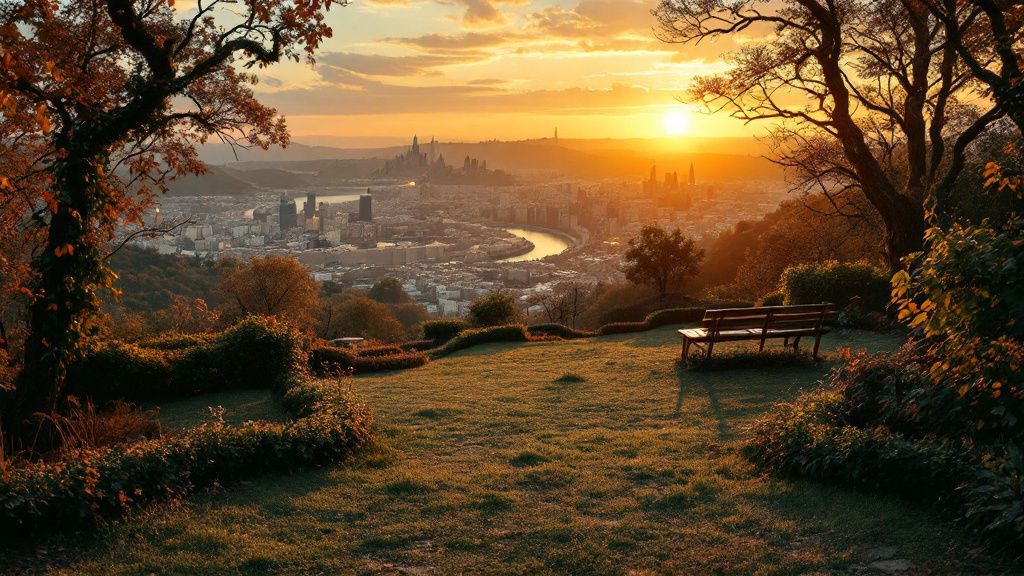 Aussichtspunkt auf einem Hügel mit Blick über die Stadt bei Sonnenuntergang