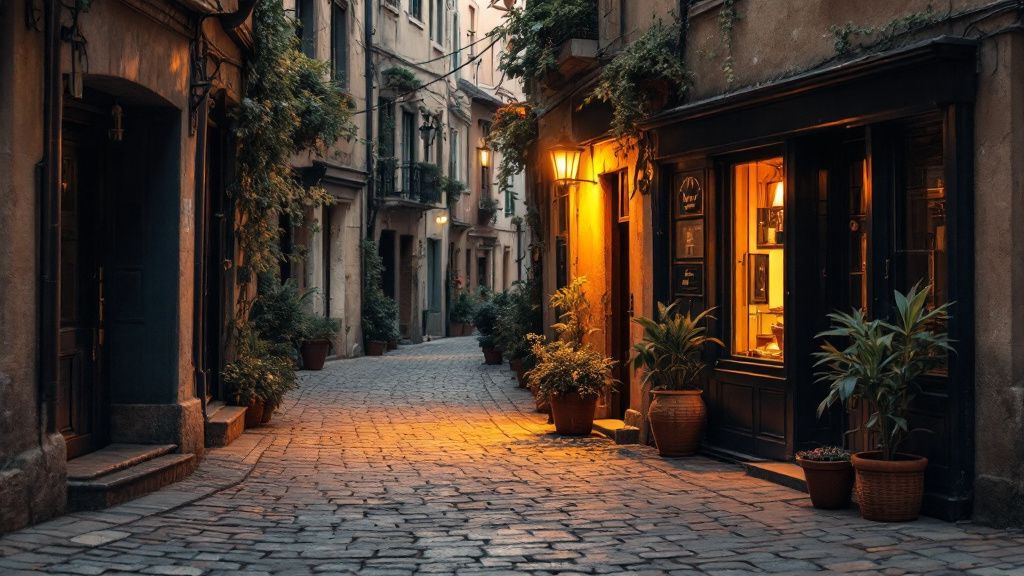Enge Gasse in einem alten Stadtviertel mit kleinen Läden am Abend