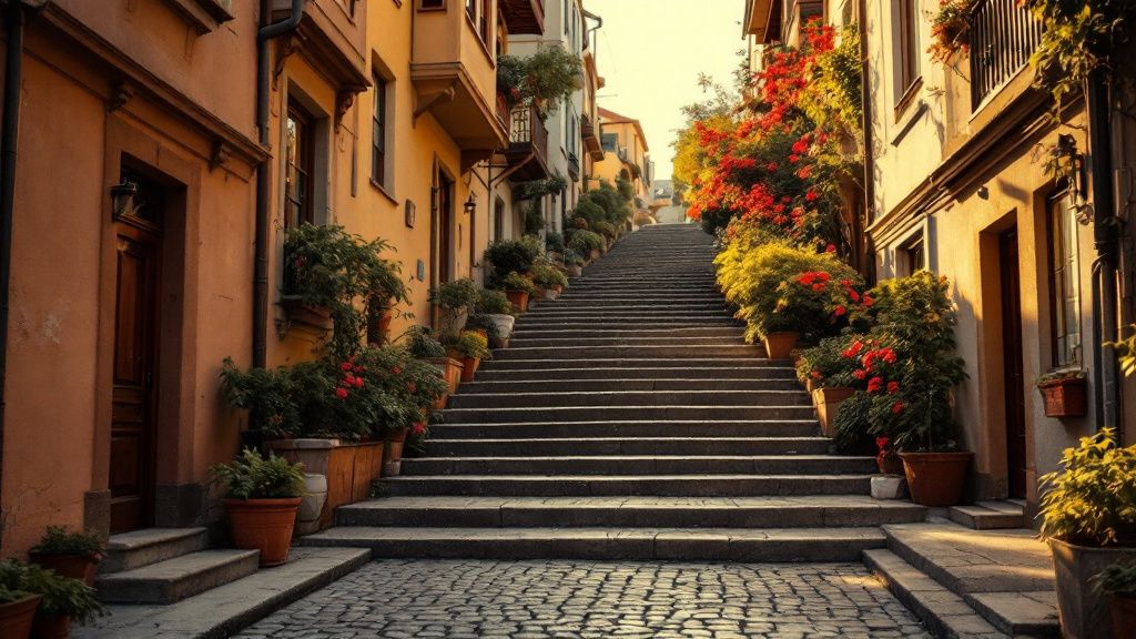 Steile öffentliche Treppe zwischen Häusern und Gärten am frühen Abend