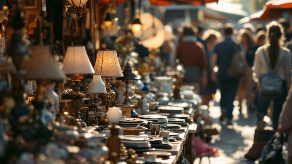 Stand mit Trödel und alten Lampen auf einem Flohmarkt