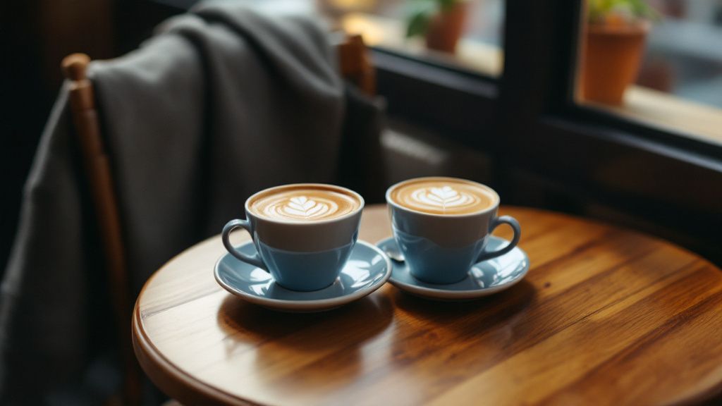 Zwei Kaffeetassen auf einem Cafetisch am Fenster