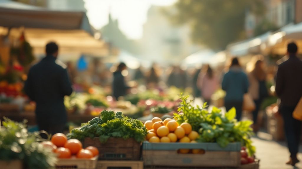 Wochenmarkt mit Staenden und Menschen am Vormittag