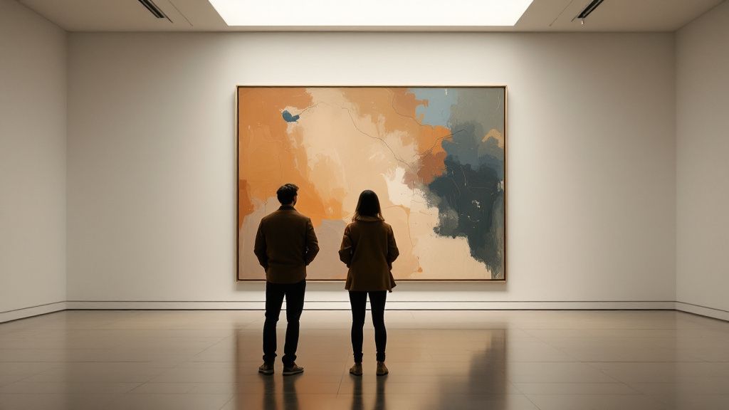Zwei Besucher vor einem grossen Gemaelde in einer Galerie